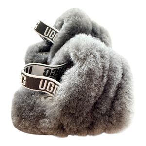UGG Baby Infant Oh Yeah Fluff Slippers Grey Sheepskin Elastic Strap Sz 2/3 - New